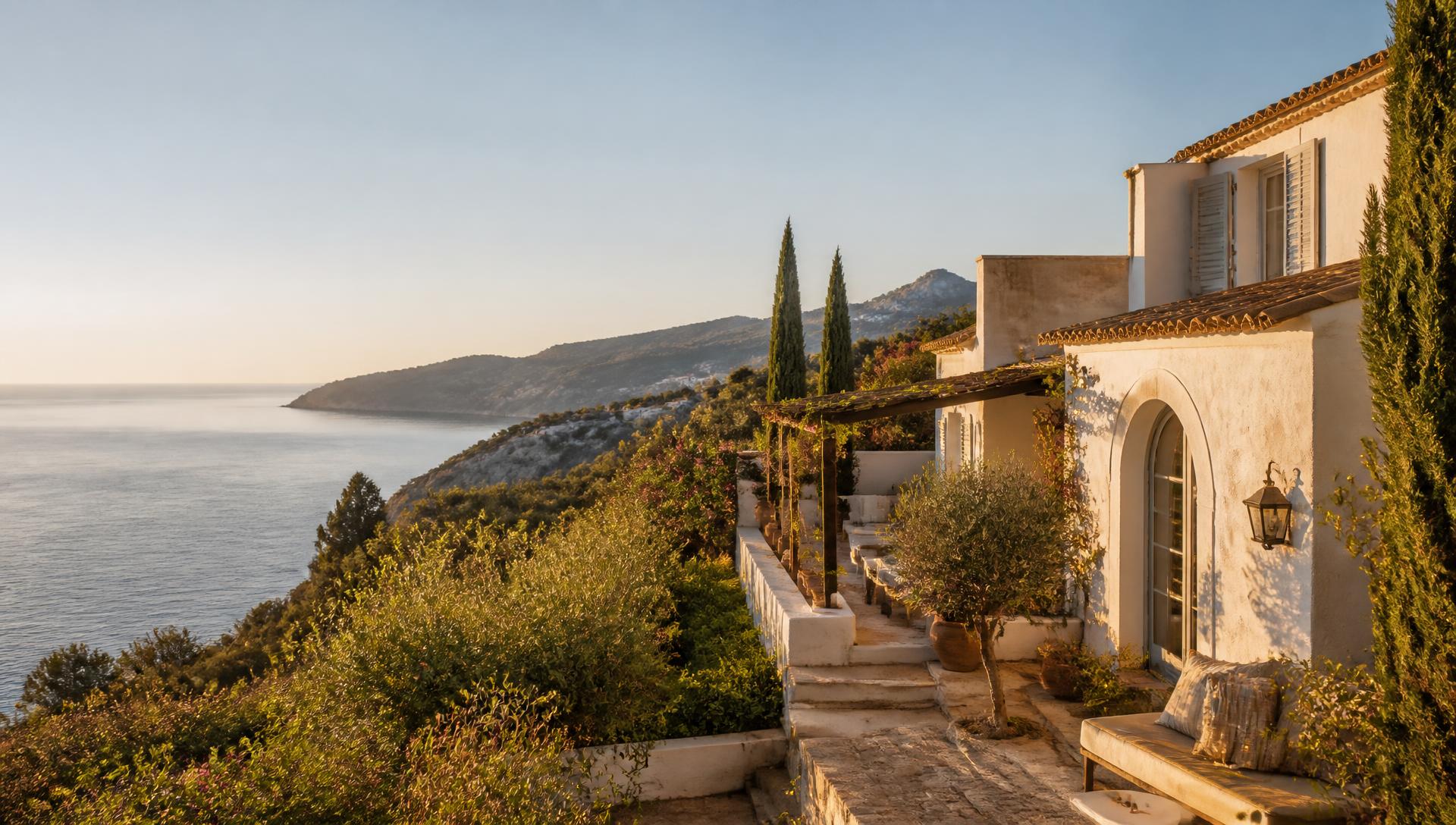 Villa mediterránea sobre el mar a la luz dorada del atardecer